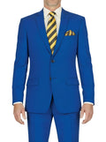 Royal blue men's slim fit two piece business suit with yellow and black striped tie and pocket square