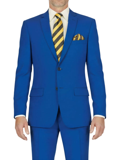 Royal blue men's slim fit two piece business suit with yellow and black striped tie and pocket square