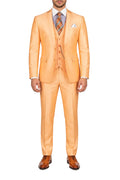 A man wearing a peach-orange three-piece suit with a matching vest and tie, styled with a white dress shirt, patterned tie, and brown leather dress shoes, against a plain white background.