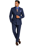 Man wearing a blue pinstripe suit on a white background