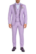 A man modeling a lavender purple three-piece suit with satin peak lapels, a matching vest, trousers, a light blue dress shirt, a purple bow tie, and dark purple oxford shoes on a white background.