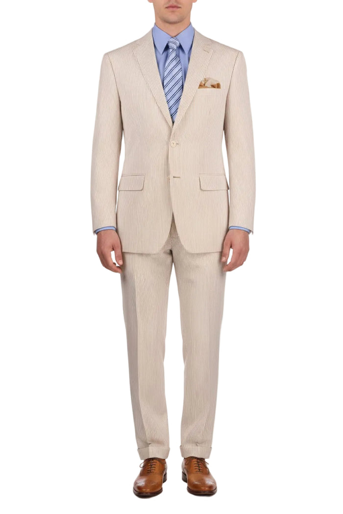 Tan men's modern fit seersucker suit