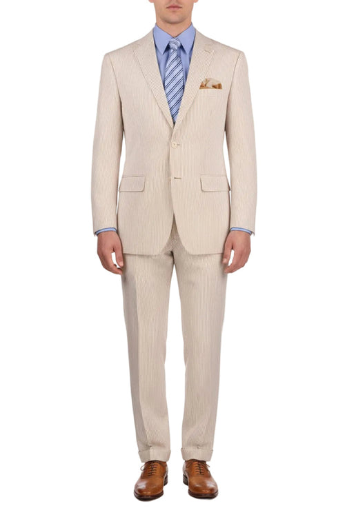 Tan men's modern fit seersucker suit