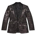 A men's single-breasted blazer with black satin shawl lapels and a dark brocade pattern featuring black, gray, and purple floral motifs, shown on a plain white background.