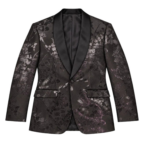 A men's single-breasted blazer with black satin shawl lapels and a dark brocade pattern featuring black, gray, and purple floral motifs, shown on a plain white background.