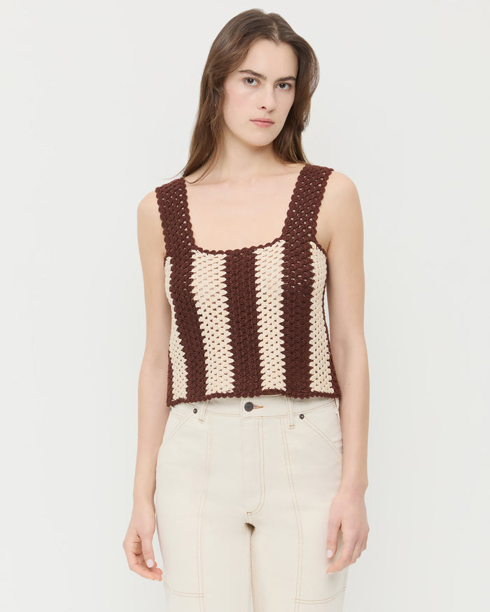 Adela Brown/Cream Top in hand crocheted brown and cream cotton and Molly Workwear Jean in natural denim.