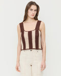 Adela Brown/Cream Top in hand crocheted brown and cream cotton and Molly Workwear Jean in natural denim.