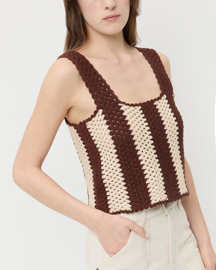 Adela Brown/Cream Top in hand crocheted brown and cream cotton and Molly Workwear Jean in natural denim.