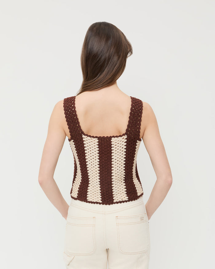 Adela Brown/Cream Top in hand crocheted brown and cream cotton and Molly Workwear Jean in natural denim.