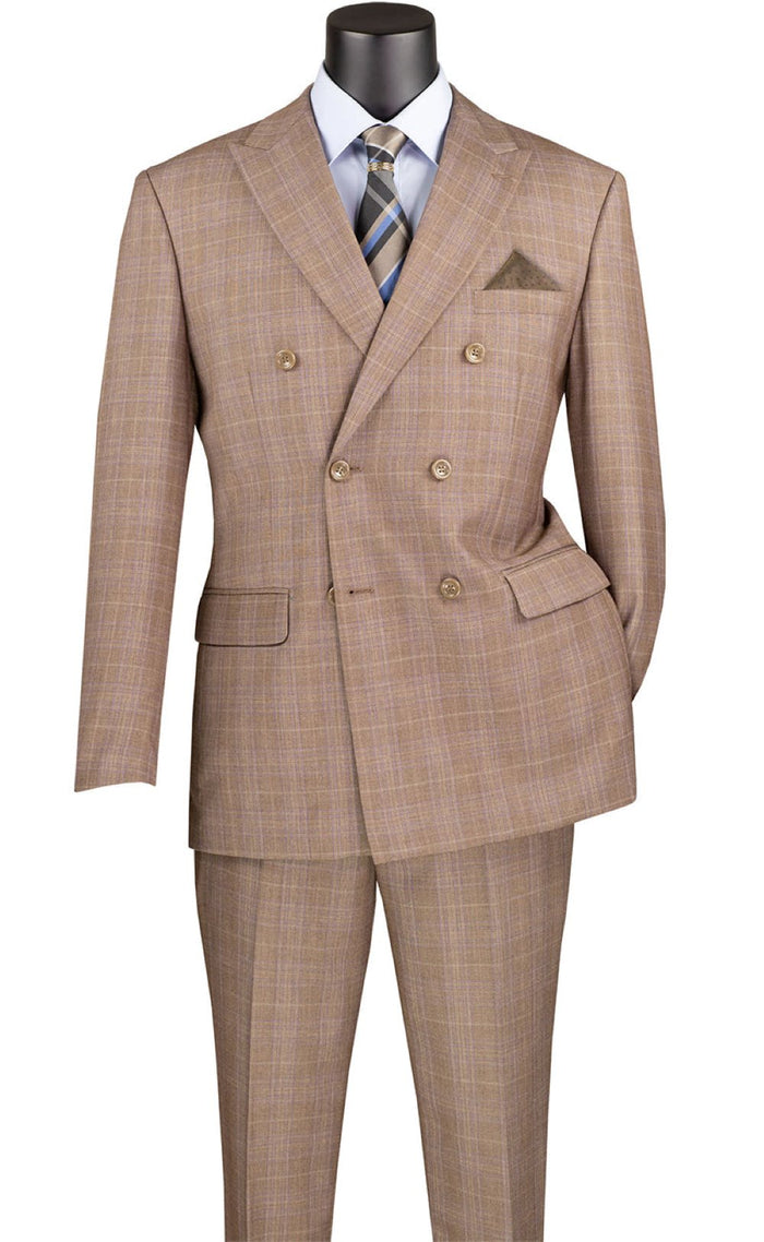 Tan regular fit 2 piece men's double breasted suit with adjustable waistband