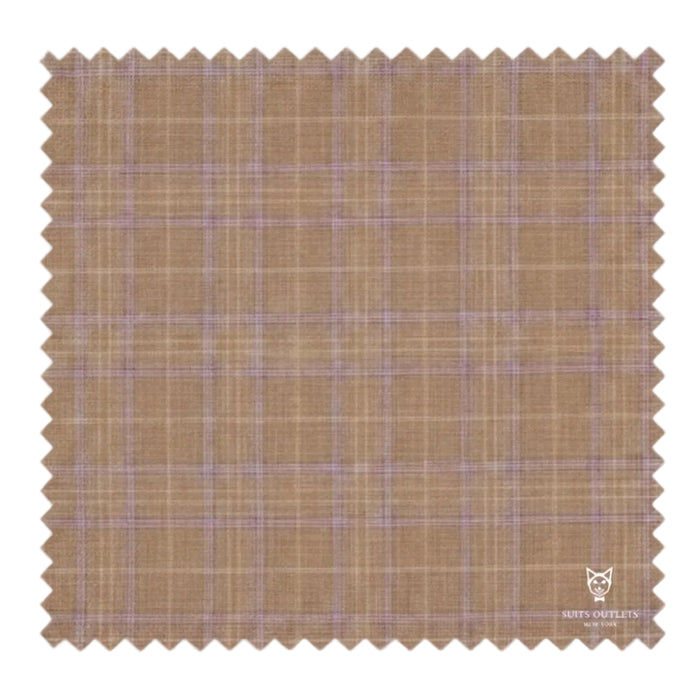 Fabric swatch with brown and purple plaid pattern on a white background