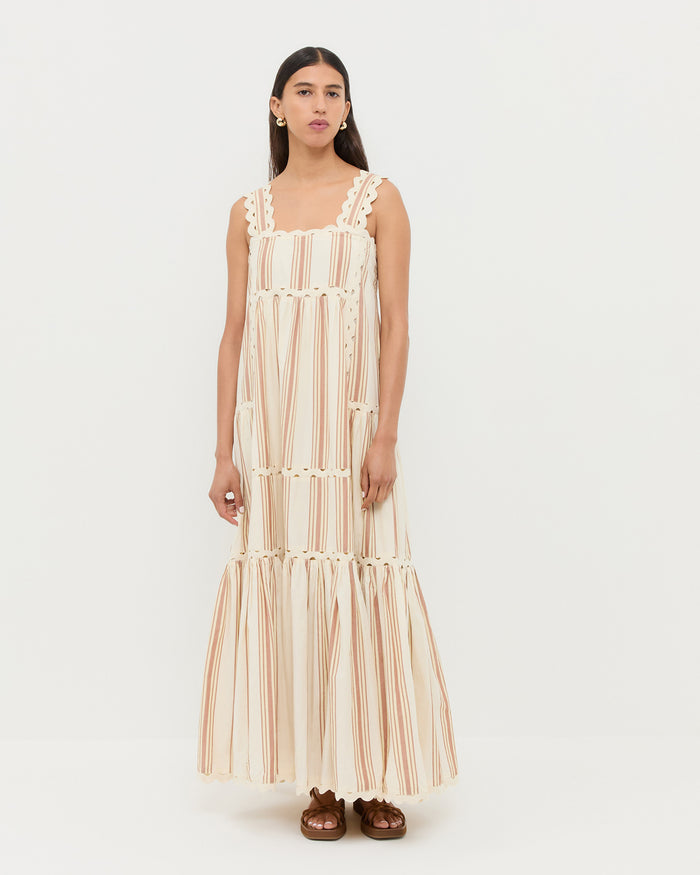 Alison Striped Camisole Dress in Yellow Brown and Nomi Cacao Suede Platform Sandal.