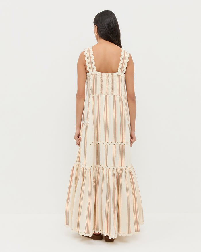 Alison Striped Camisole Dress in Yellow Brown and Nomi Cacao Suede Platform Sandal.