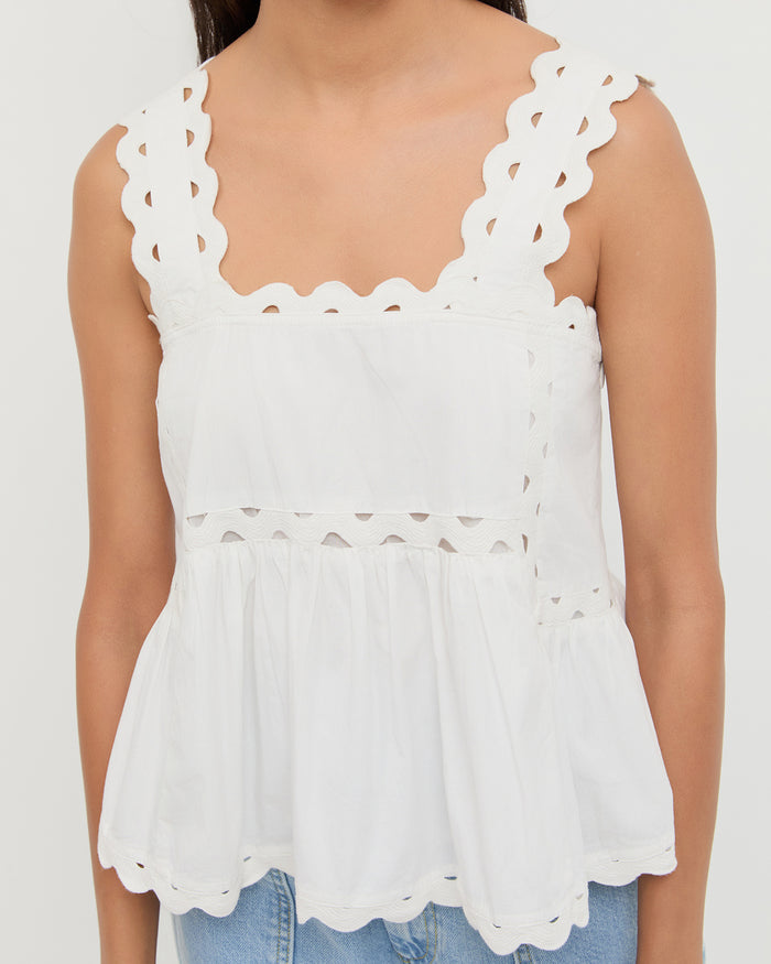 Alyssa Lace Sleeveless Peplum Top in White and Molly Workwear Jean in light blue denim.