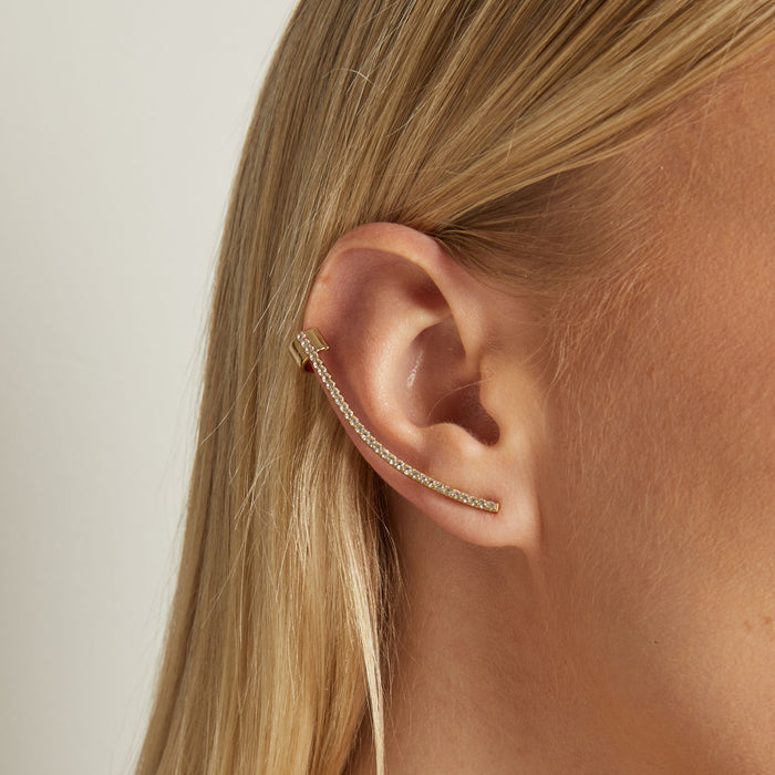 Model Close-up of an ear wearing a gold earring with a blurred background