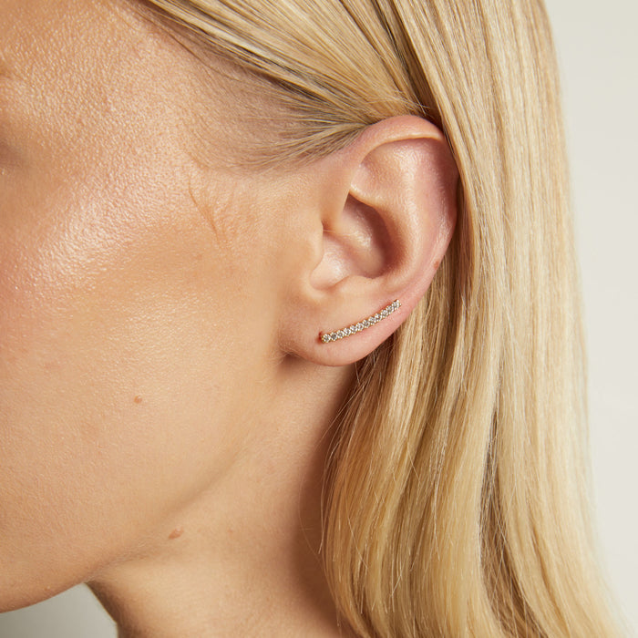 Model Close-up of a person wearing a diamond earring with a neutral background