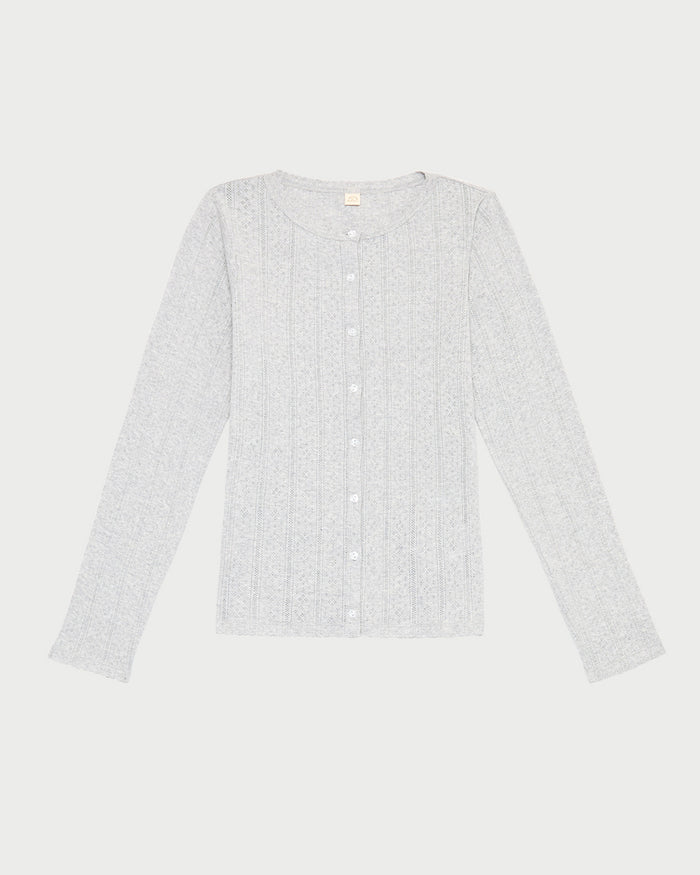 Ash Pointelle Cardigan, long-sleeve cardigan in heather grey pointelle cotton.