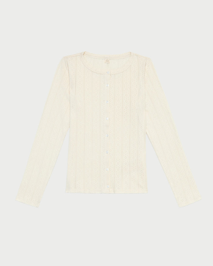 Ash Pointelle Cardigan, long-sleeve cardigan in cream pointelle cotton.