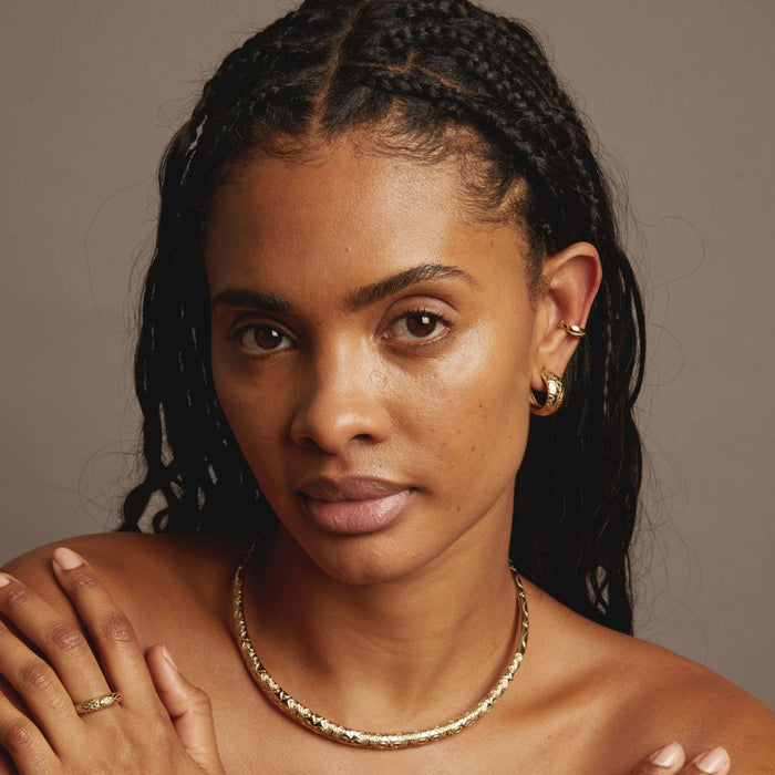 Model Woman with braided hair wearing a gold necklace and earrings against a neutral background