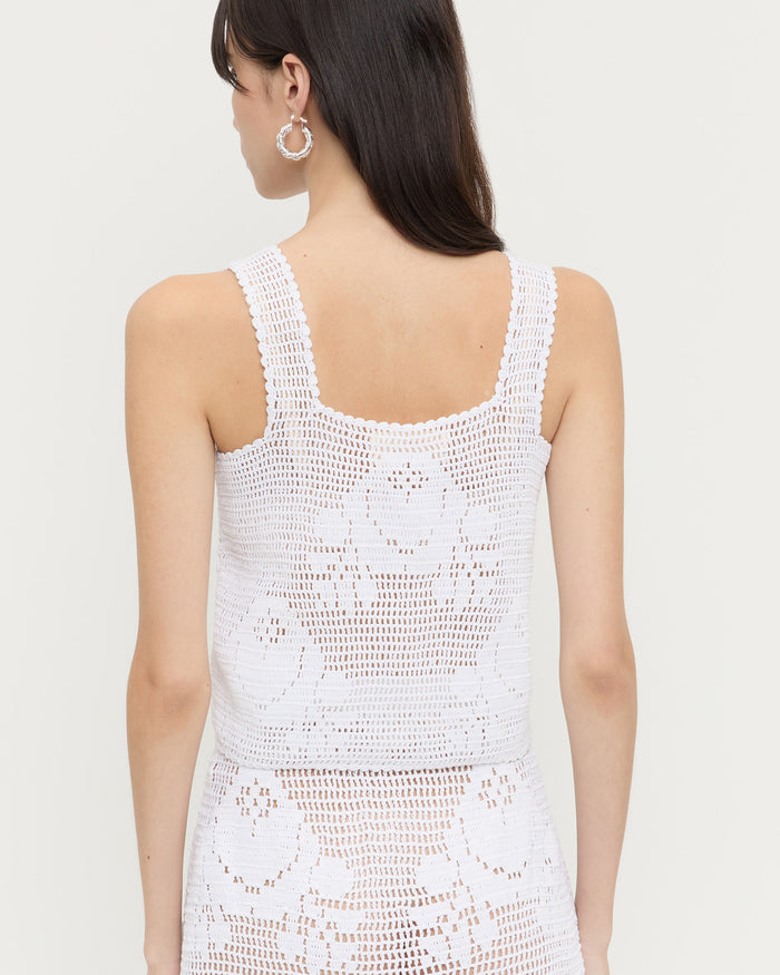 Aurelie Crochet Top in cream crocheted cotton and Sullivan Crochet Skirt in cream crocheted cotton.