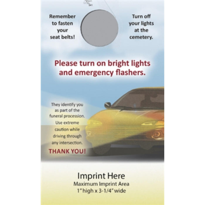 Auto windshield headlight card hanger used in funeral service operations, from lynch supply