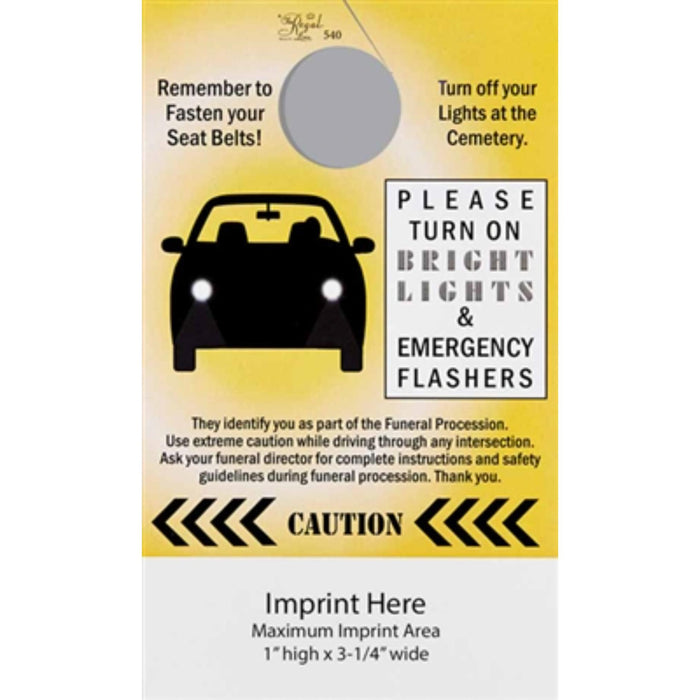 Auto windshield headlight caution card hanger used in funeral service operations, from lynch supply