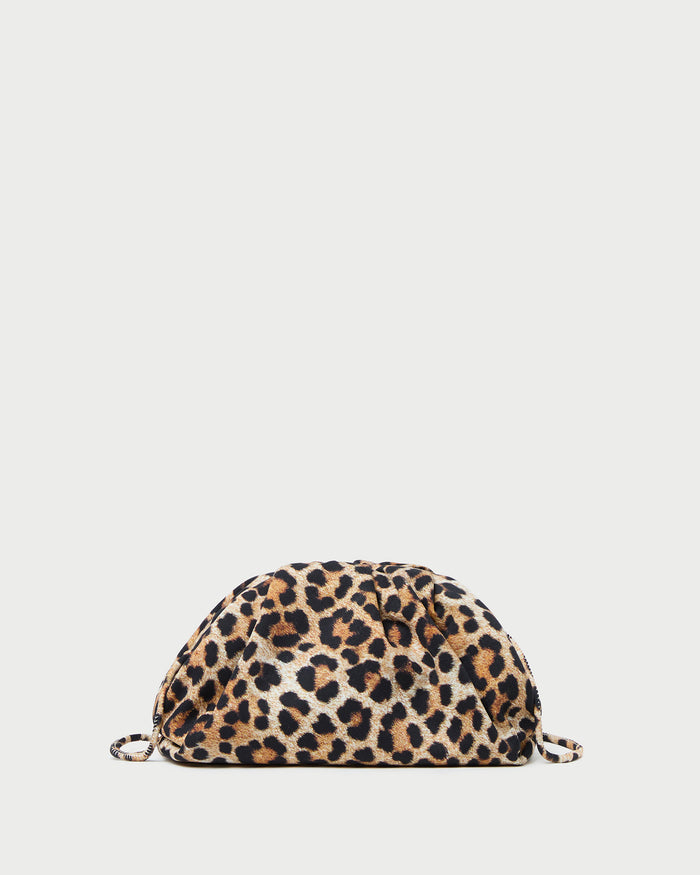 Bailey Leopard Jersey Dome Clutch in leopard print jersey fabric.
