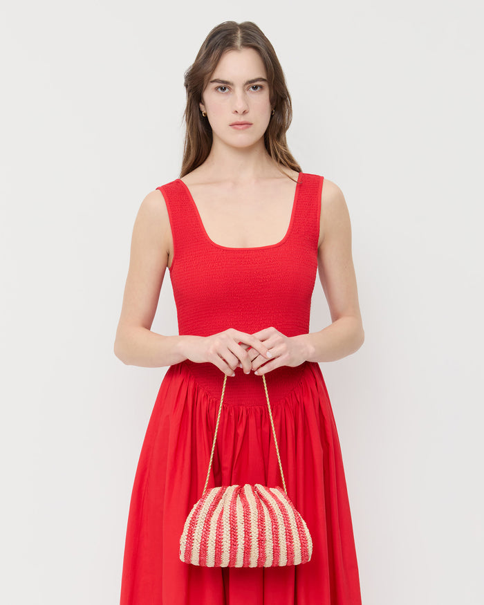 Bailey Red/Natural Crochet Clutch in red and tan striped raffia and Estelle Dress in red cotton.