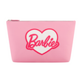 Baby Pink Officially licensed trapezoid-shaped Barbie name bold retro-inspired font heart logo zippered closure opens to a spacious interior cosmetic makeup bag