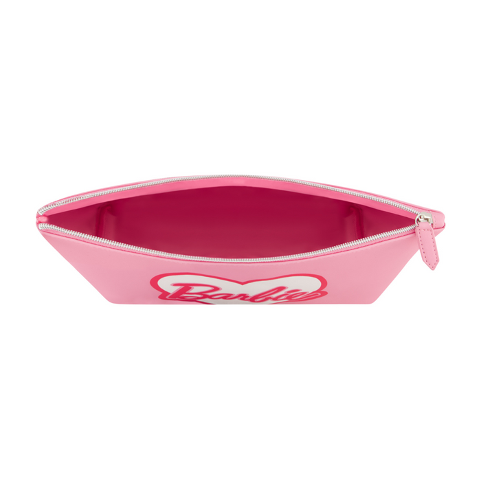 Baby Pink Officially licensed trapezoid-shaped Barbie name bold retro-inspired font heart logo zippered closure opens to a spacious interior cosmetic makeup bag inside capacity