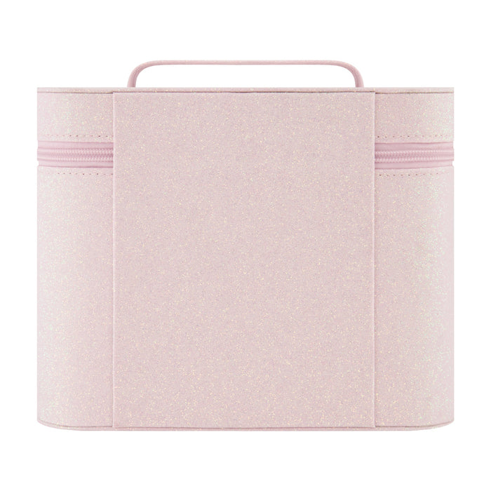 Barbie large cosmetic case organizer! Featuring a glittery light pink exterior and a bold chenille-textured Barbie logo