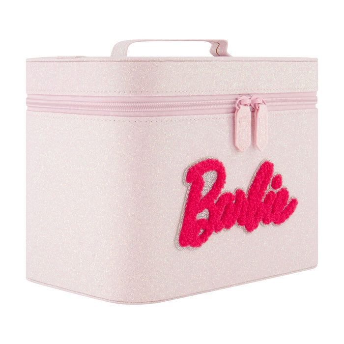 Barbie large cosmetic case organizer! Featuring a glittery light pink exterior and a bold chenille-textured Barbie logo