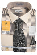 Beige and black bold stripe French cuff dress shirt with tie cuff links and pocket square