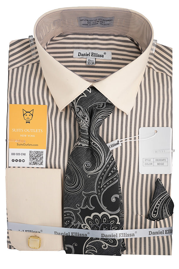 Beige and black bold stripe French cuff dress shirt with tie cuff links and pocket square