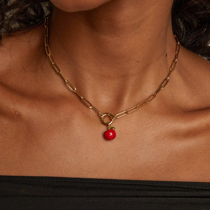 Model. Close-up of a person wearing a gold chain necklace with a red pendant.