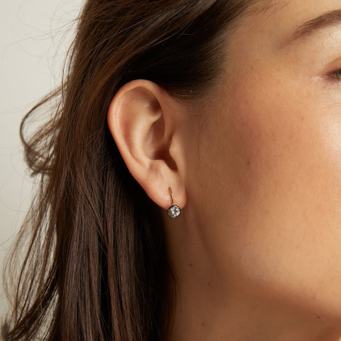Model Close-up of a person wearing a diamond earring with a neutral background