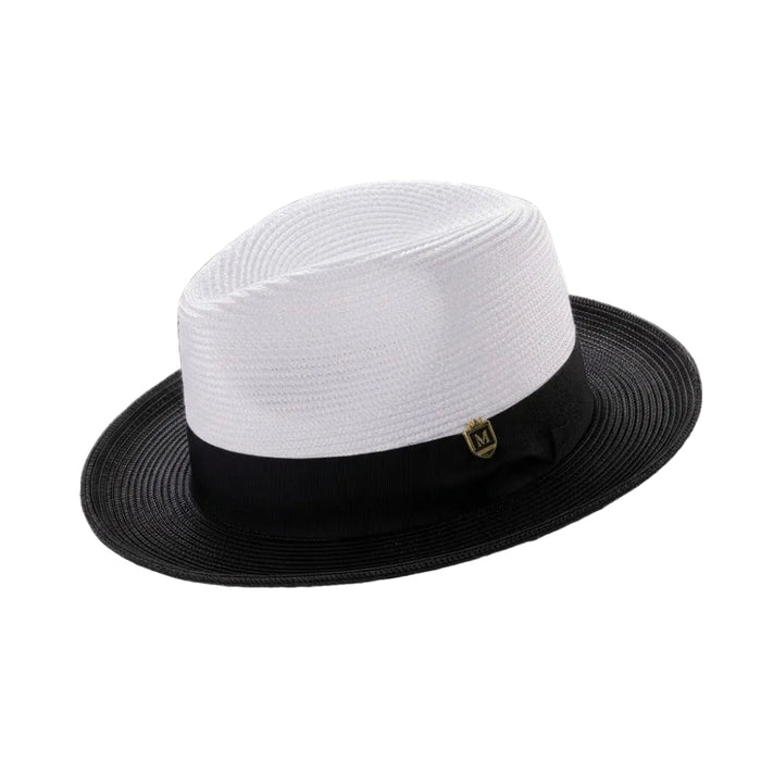 Black two-tone braided straw fedora with wide brim and grosgrain ribbon
