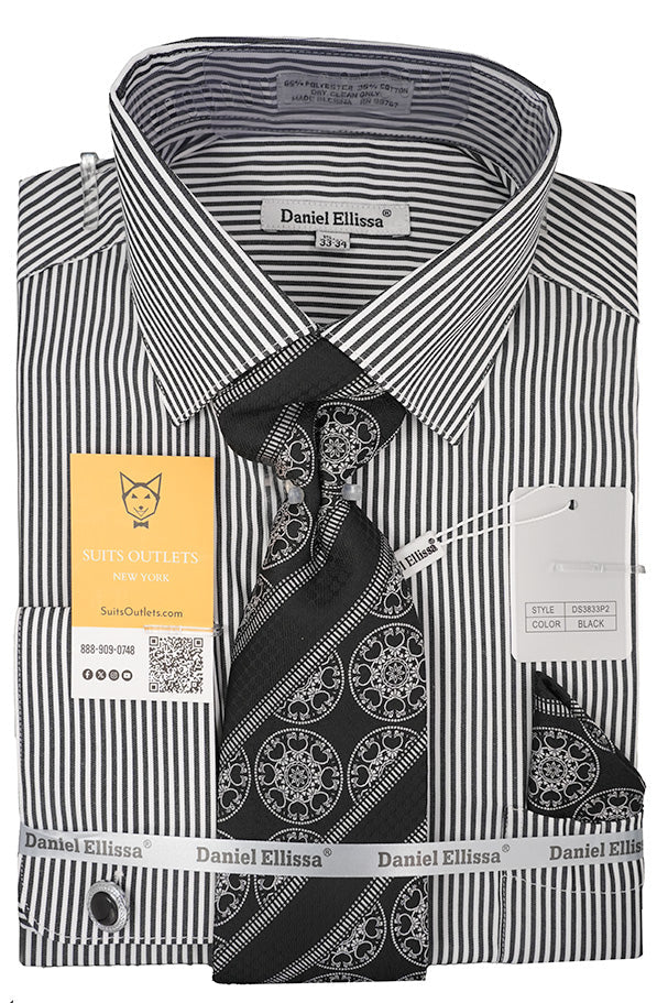 Black and white bold stripe French cuff dress shirt with tie, cuff links and pocket square
