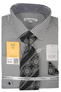 Black and white bold stripe French cuff dress shirt with tie, cuff links and pocket square