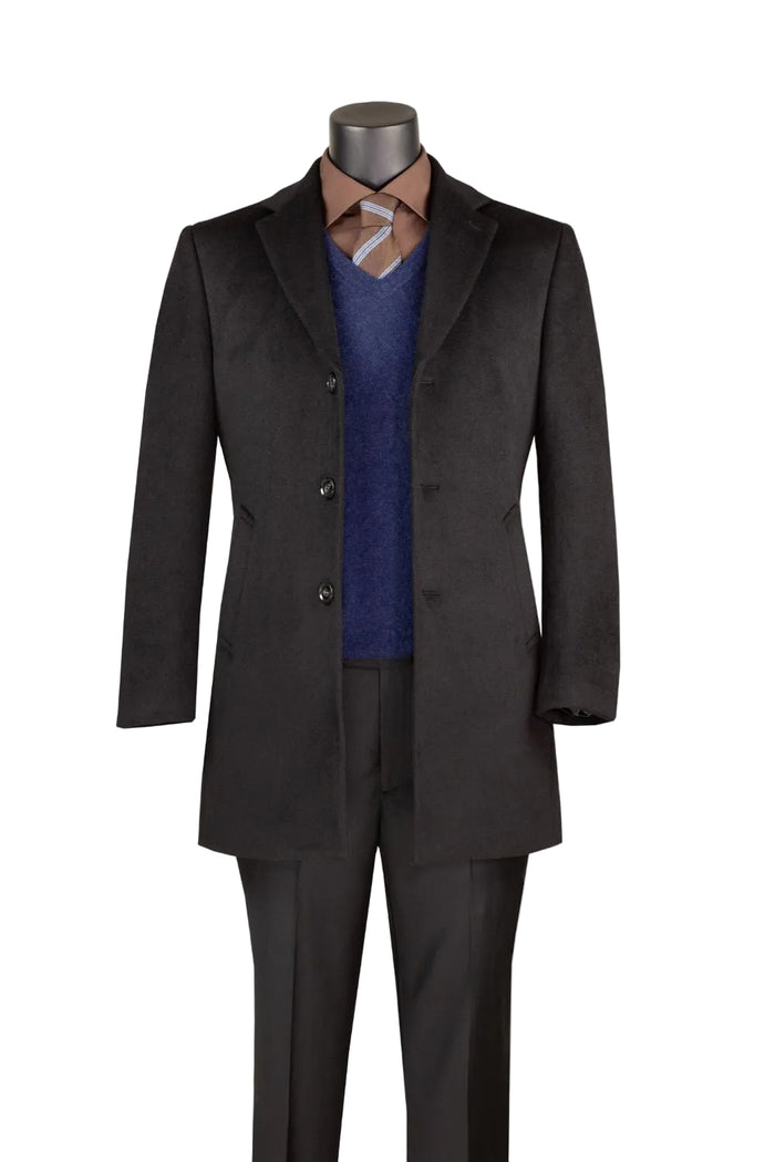 Black men's modern fit wool blend overcoat with single-breasted three-button front