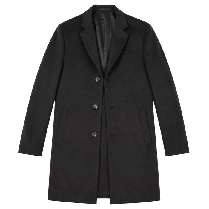 Flat view of black men's modern fit wool blend overcoat with three-button front
