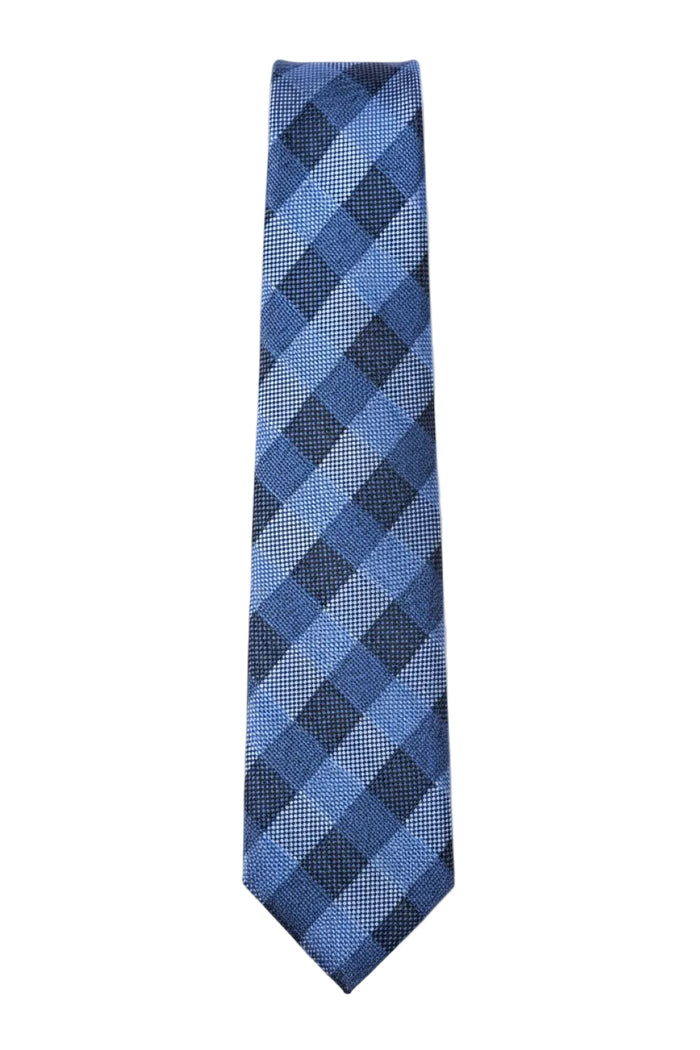 Blue camouflage tie laid straight and flat against a clean white background