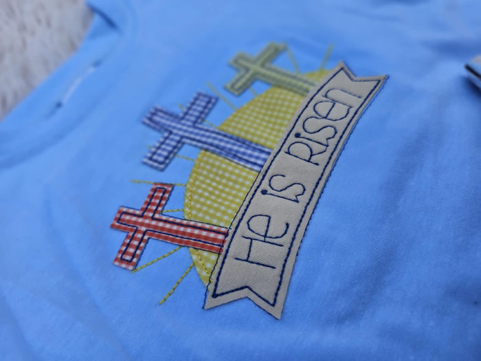 Blue Cross Applique " He is Risen"