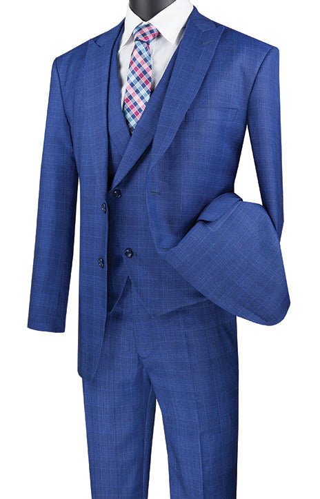 Blue modern fit 3 piece men's glen plaid suit with peak lapel