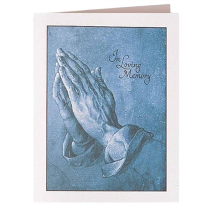 Blue praying hands service folder used in funeral service operations, from lynch supply