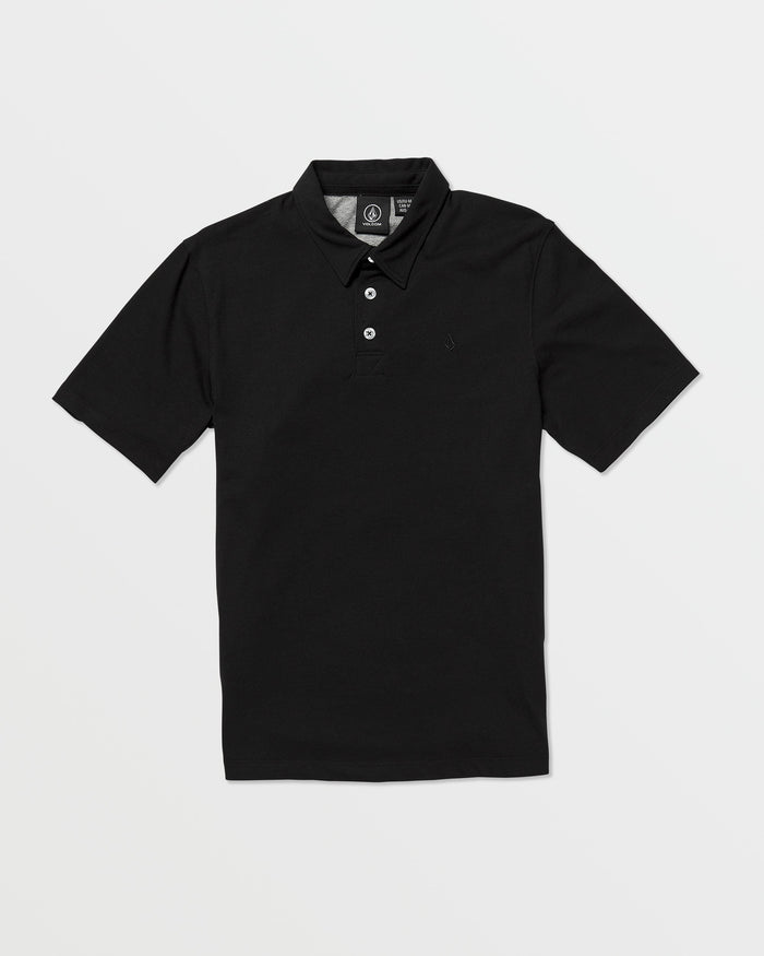 The Volcom Kids' Wowzer Polo Short Sleeve Tee is a black, modern fit collared shirt with three white buttons, made from a soft cotton-poly blend and shown laid flat on a white background.