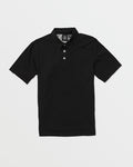 The Volcom Kids' Wowzer Polo Short Sleeve Tee is a black, modern fit collared shirt with three white buttons, made from a soft cotton-poly blend and shown laid flat on a white background.
