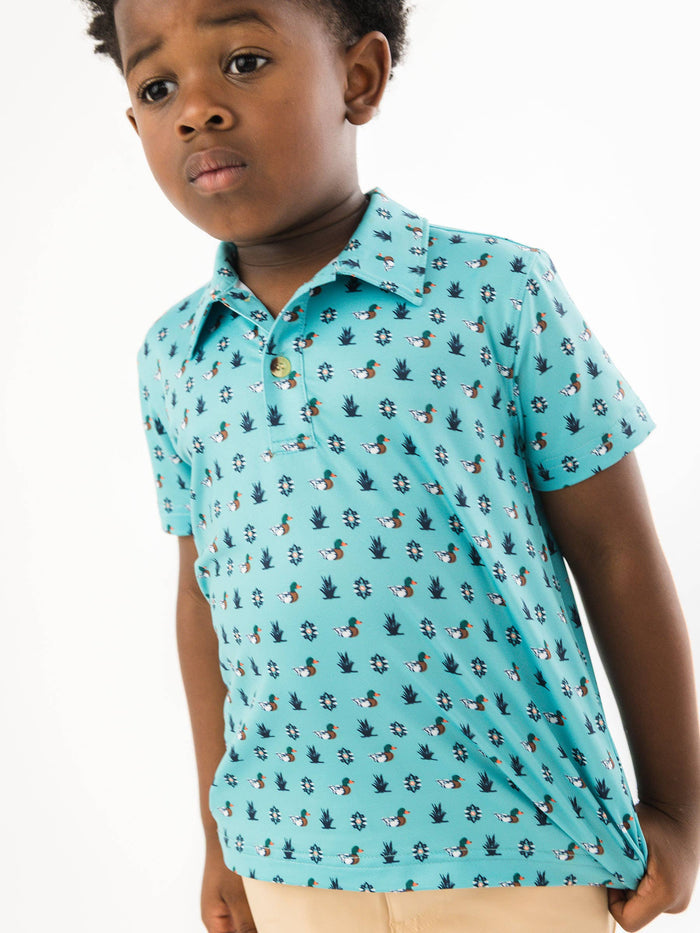 Boys Dapper Ducks Knit Short Sleeve Performance Polo: Blue