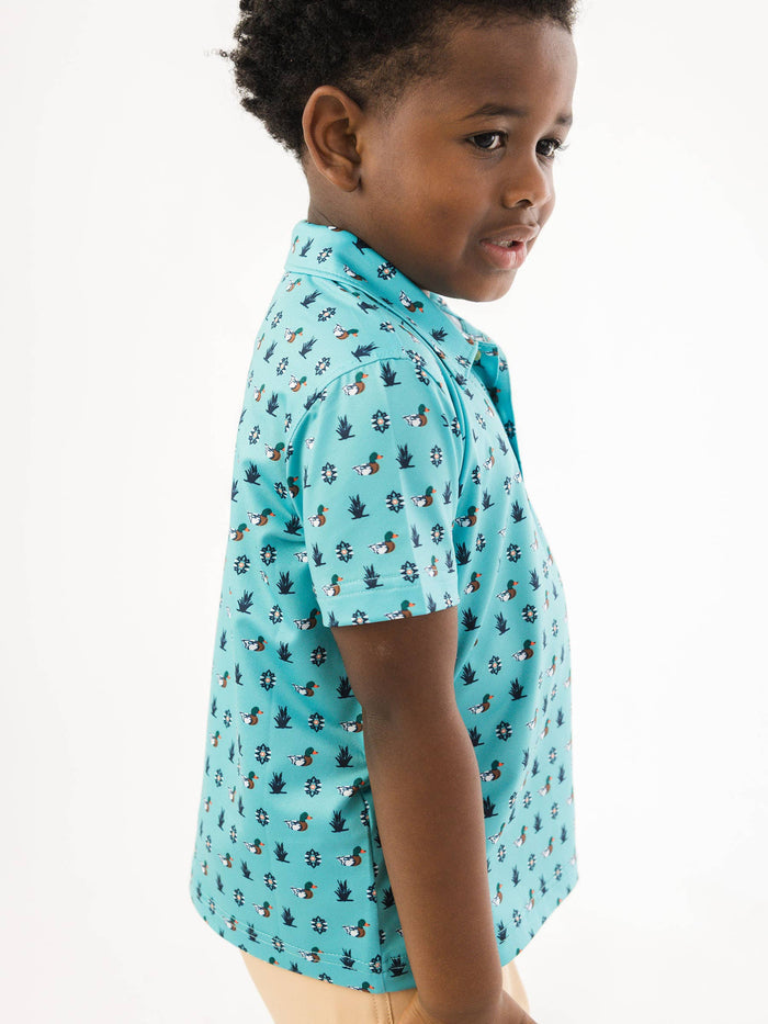 Boys Dapper Ducks Knit Short Sleeve Performance Polo: Blue