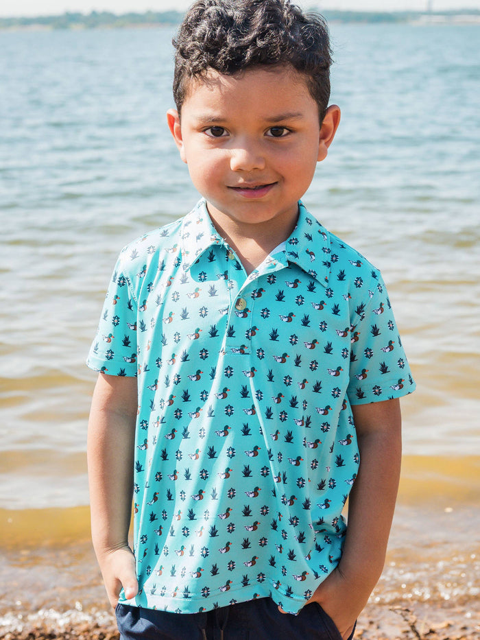 Boys Dapper Ducks Knit Short Sleeve Performance Polo: Blue